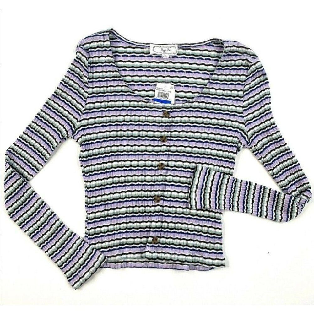 XL Pointelle-Knit Detail Scoop-Neck Long Sleeve NEW 